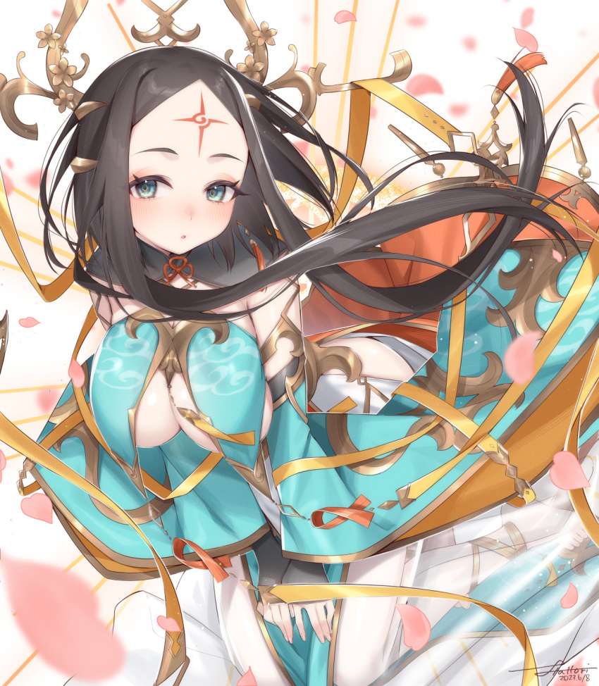 1girl black_hair blush breast_curtains breasts chestnut_mouth dated detached_sleeves facial_mark falling_petals floating_clothes floating_hair forehead forehead_mark green_eyes hair_ornament hands_on_own_legs hattori_masaki headgear highres large_breasts leaning_forward light_rays long_sleeves looking_at_viewer no_shoes parted_hair petals see-through see-through_skirt sennen_sensou_aigis short_hair_with_long_locks signature skirt solo tassel toeless_legwear wide_sleeves yuanshi_tianzun_(sennen_sensou_aigis)