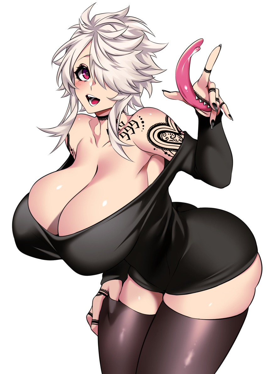 1girl absurdres bare_shoulders bent_over black_jacket breasts breasts_out choker cleavage curvy dress extra_mouth gothic grey_hair hand_mouth highres huge_breasts hz_(666v) jacket narrow_waist nervous off-shoulder_sweater off_shoulder one_eye_covered original plump red_eyes short_hair short_hair_with_long_locks shoulder_tattoo sullivan_(camui_kamui) sweater sweater_dress tattoo thick_thighs thighhighs thighs tongue tongue_out white_hair