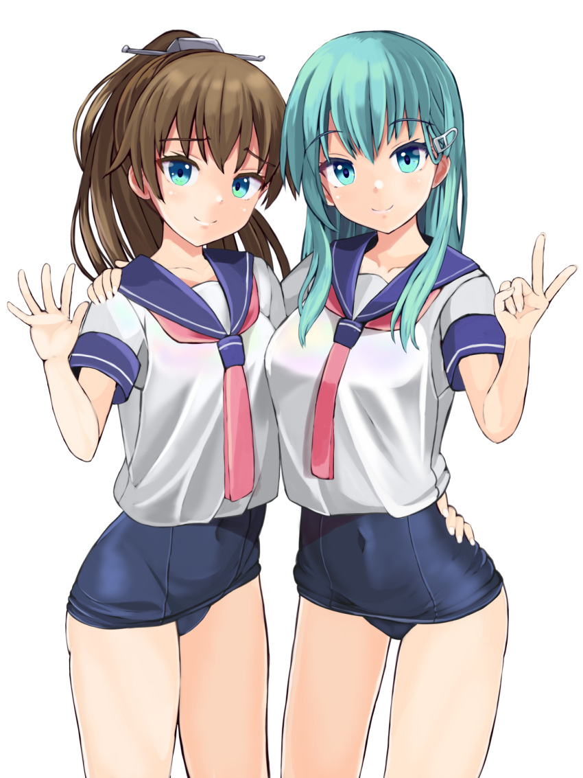 2girls aqua_eyes aqua_hair arm_around_shoulder arm_around_waist asymmetrical_docking blue_eyes blue_one-piece_swimsuit blue_sailor_collar breast_press breasts brown_hair character_name closed_mouth collarbone commentary_request cosplay covered_navel cowboy_shot furrowed_brow hair_ornament hairclip hand_on_another's_hip hand_on_another's_shoulder hand_up headgear high_ponytail highres hug i-168_(kancolle) i-168_(kancolle)_(cosplay) i-58_(kancolle) i-58_(kancolle)_(cosplay) kantai_collection kumano_(kancolle) long_hair looking_at_viewer medium_breasts multiple_girls neckerchief old_school_swimsuit one-piece_swimsuit panda_sasasa pink_neckerchief ponytail sailor_collar school_swimsuit school_uniform serafuku shirt short_sleeves side-by-side sleeve_cuffs small_breasts smile standing suzuya_(kancolle) swimsuit swimsuit_under_clothes textless_version thighs upper_body v waving white_background white_serafuku white_shirt yuri