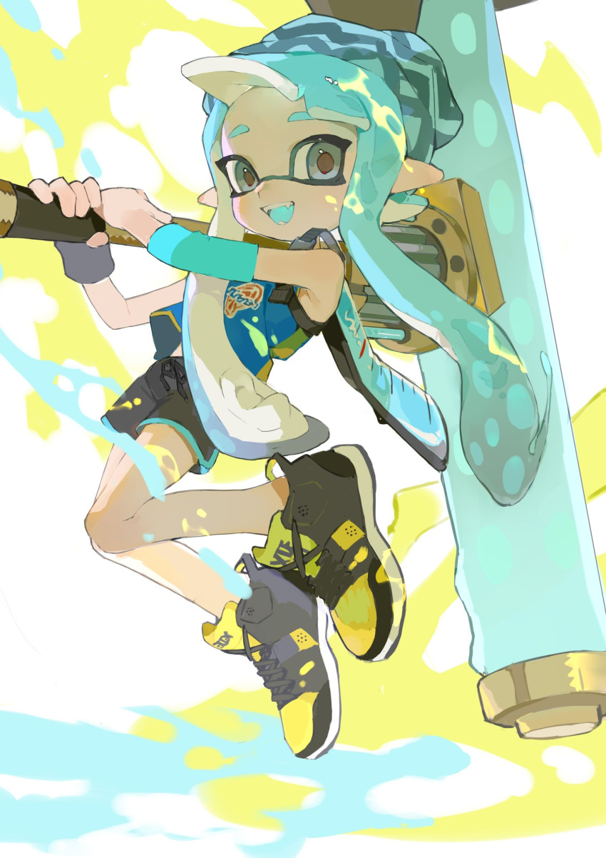 1girl :d aqua_hair aqua_headwear aqua_tongue bare_shoulders beanie black_footwear black_shorts black_wristband blue_headwear blue_shirt blush colored_tongue commentary_request dynamo_roller_(splatoon) fangs full_body grey_eyes hands_up hat highres holding holding_paint_roller inkling inkling_girl jersey long_hair looking_at_viewer open_mouth p-pepper paint_roller paint_splatter pointy_ears shirt shoes short_eyebrows short_shorts shorts simple_background sleeveless sleeveless_shirt smile sneakers solo splatoon_(series) splatoon_3 teeth tentacle_hair two-tone_headwear white_background wristband