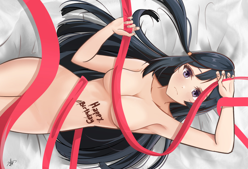 1girl absurdres birthday black_hair breasts cleavage collarbone convenient_censoring english_commentary grey_eyes happy_birthday highres large_breasts long_hair looking_at_viewer love_live! love_live!_nijigasaki_high_school_idol_club lying nude on_back one_side_up ribbon signature solo whin yuuki_setsuna_(love_live!)