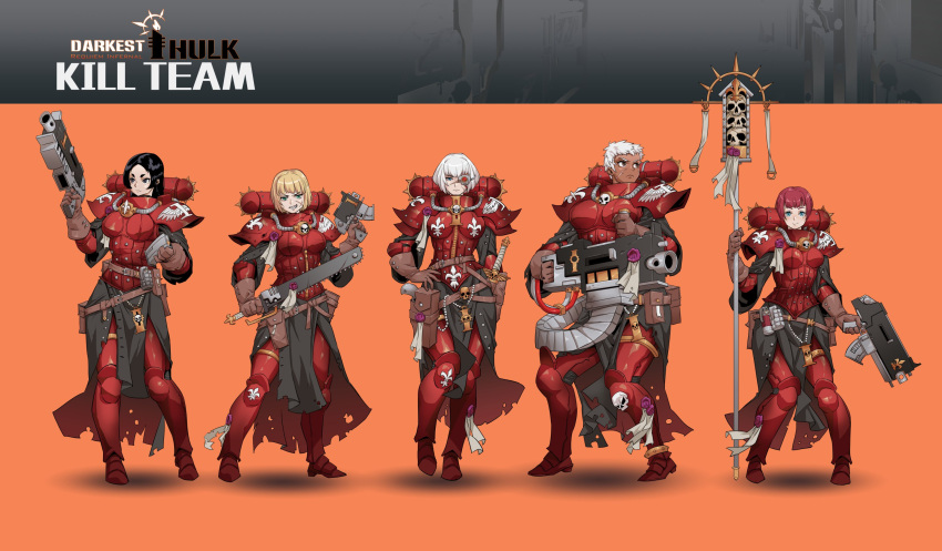 5girls adepta_sororitas battle_standard black_eyes black_hair blonde_hair blue_eyes bolter brown_eyes chainsword dark_skin darkest_dungeon dual_wielding explosive eyepatch fleur-de-lis gloves grenade gun hand_on_own_hip handgun heavy_bolter highres holding looking_at_viewer looking_to_the_side multiple_girls orange_background power_armor power_sword red_armor red_hair rmulderz scar scar_on_face sharp_teeth short_hair skirt standard_bearer teeth warhammer_40k weapon white_hair