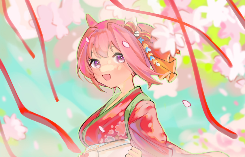 1girl absurdres animal_ears bow breasts cherry_blossoms floral_print hair_bow haru_urara_(first_urara_saku_sakura)_(umamusume) haru_urara_(umamusume) highres horse_ears japanese_clothes kimono looking_at_viewer open_mouth petals pink_eyes pink_hair pink_kimono short_hair small_breasts smile solarisyuri! solo streamers umamusume upper_body