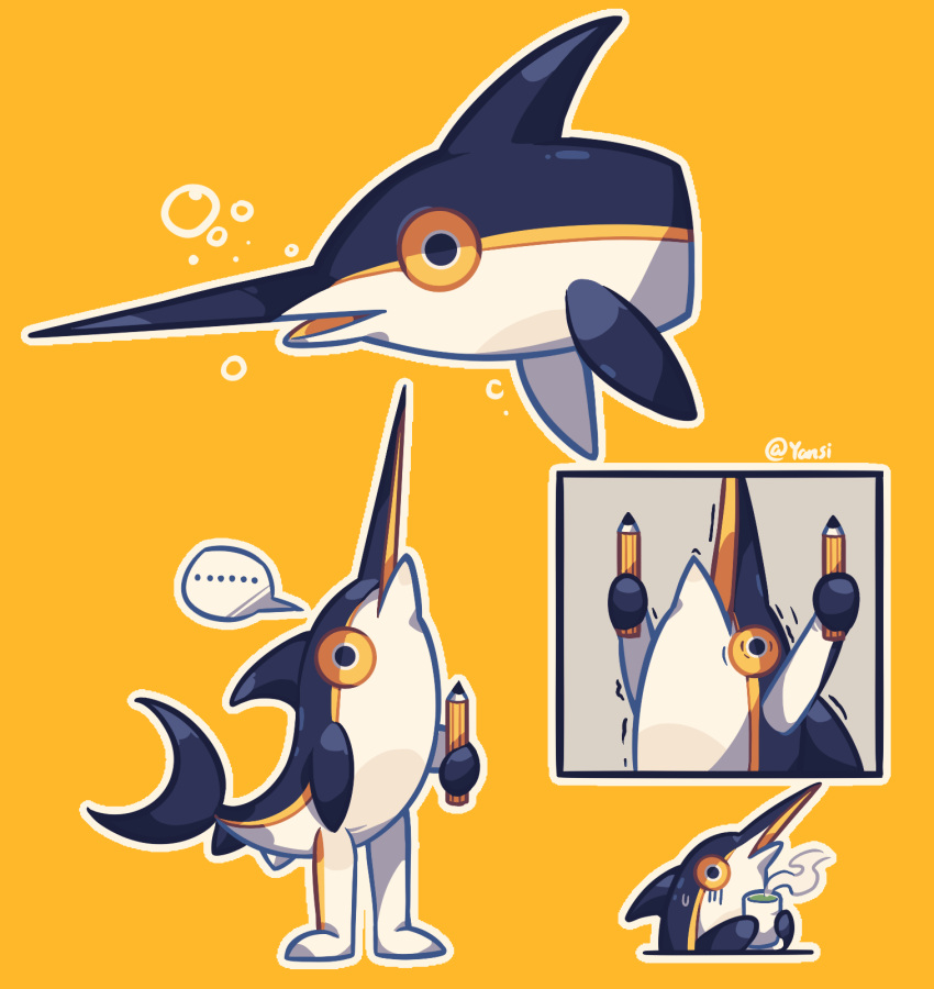 ... animal_focus arms_up artist_name bubble cropped_torso cup fish full_body highres holding holding_cup holding_pencil multiple_views no_humans original pencil signature spoken_ellipsis swordfish xianyudian_laoban yellow_background