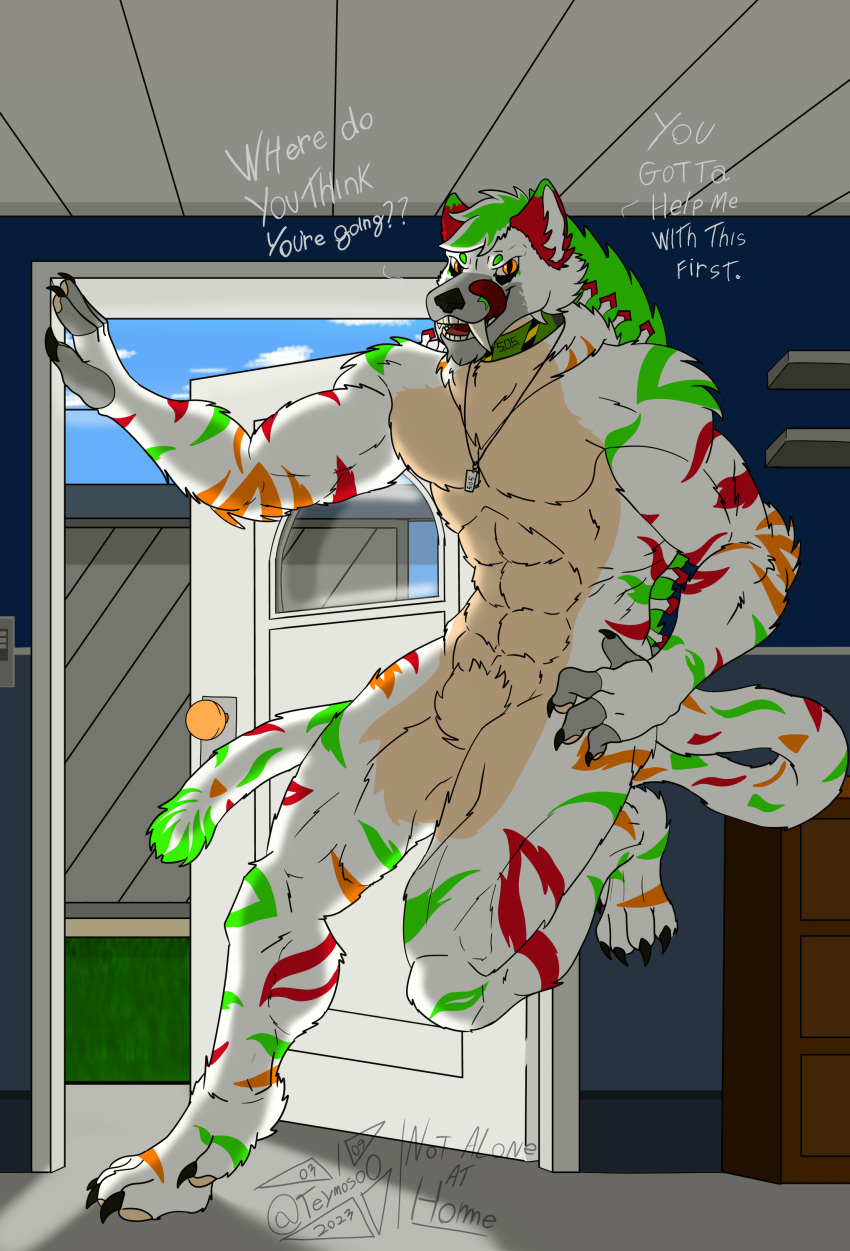 4_fingers 5_toes abs absurd_res anthro arctic_fox big_claws canid canine claws cloud collar day dog_tag_necklace doorframe doorknob english_text feet felid fingers fluffy_body fox fur furniture hi_res humanoid hyena looking_at_viewer male mammal multicolored_body multicolored_fur muscular muscular_male neck_tuft orange_eyes pantherine perseus_(teymosoo) saber-toothed_tiger sharp_claws sharp_teeth sky solo solo_focus spotted_hyena striped_body striped_fur stripes teeth text teymosoo tiger toes tongue tongue_out tuft