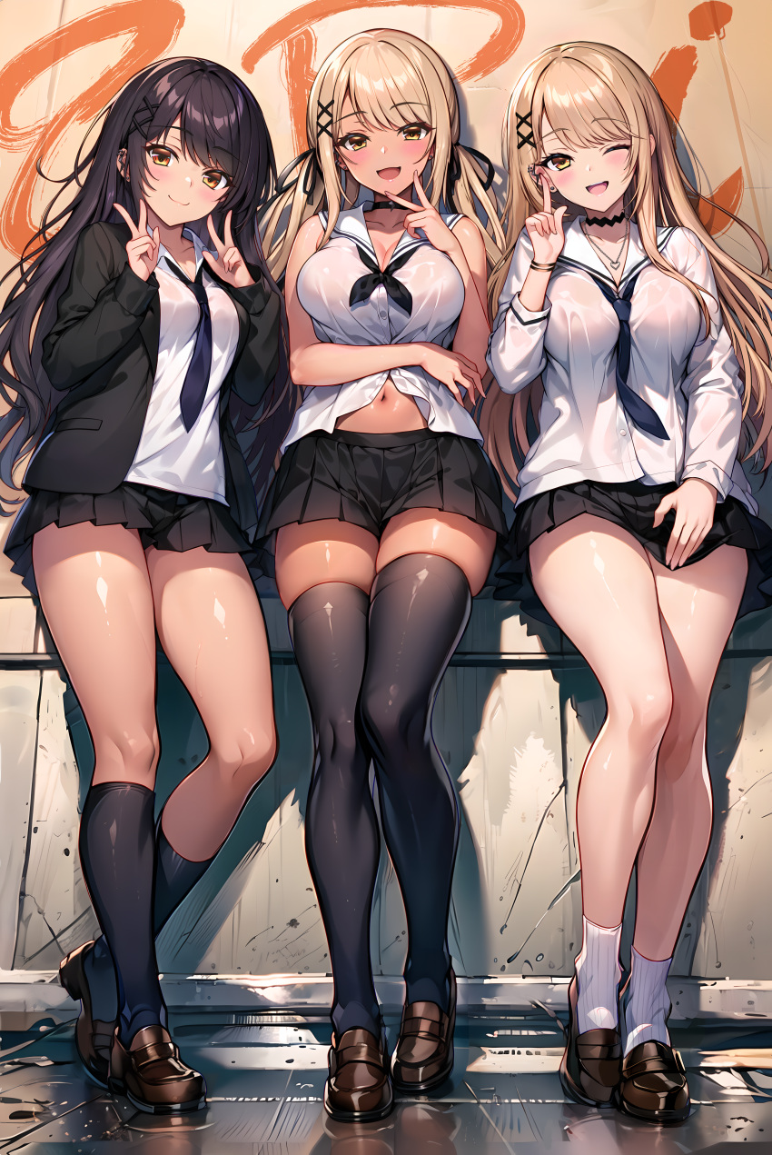 3girls ;d absurdres ai-assisted arm_under_breasts black_bow black_bowtie black_choker black_hair black_jacket black_skirt black_socks black_thighhighs blonde_hair blue_necktie bow bowtie breasts brown_footwear buttons character_name choker cleavage collared_shirt dark-skinned_female dark_skin double_v ear_piercing earrings full_body gyaru hair_ornament hair_ribbon hairclip hand_up heart heart_necklace highres index_finger_raised jacket jewelry kaminari_qpi kneehighs kogal large_breasts loafers long_hair looking_at_viewer miniskirt multiple_girls multiple_persona navel necklace necktie one_eye_closed open_mouth piercing pleated_skirt reflection reflective_water ribbon sailor_collar school_uniform shirt shoes skindentation skirt smile socks standing sugiki tag tan thighhighs thighs twintails v virtual_youtuber vspo! wall wet wet_clothes wet_shirt white_sailor_collar white_shirt white_socks yellow_eyes zettai_ryouiki