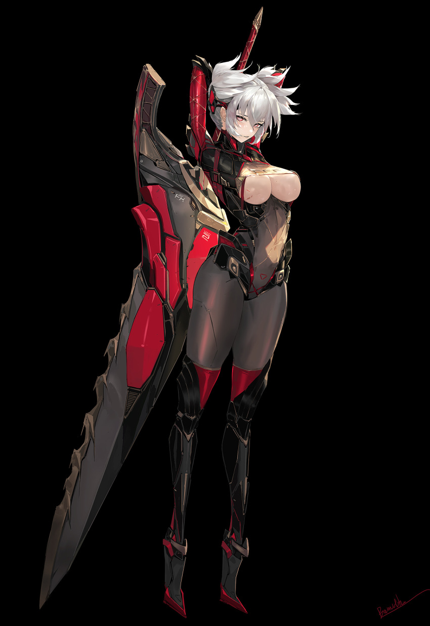 1girl absurdres arms_behind_back arms_up artist_name bamuth black_background black_bodysuit black_eyes bodysuit breasts clothing_cutout full_body grey_hair highres holding holding_weapon huge_weapon large_breasts leg_armor looking_at_viewer mole mole_under_mouth multicolored_hair original parted_lips red_thighhighs revealing_clothes signature simple_background solo sword sword_behind_back thighhighs two-tone_hair underboob_cutout weapon white_hair
