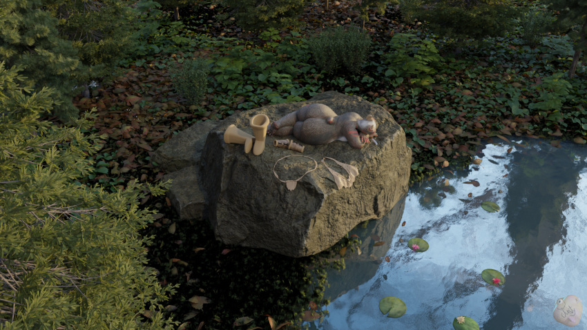 3d_(artwork) anthro argonian bethesda_softworks big_breasts bottomwear breasts butt clothing digital_media_(artwork) female forest grass hi_res horn justyschultz kia-ree_(ncs) leaf lily_pad nature nature_background nude plant pond reptile scales scalie sleeping solo solo_focus tail the_elder_scrolls topwear torn_clothing tree water