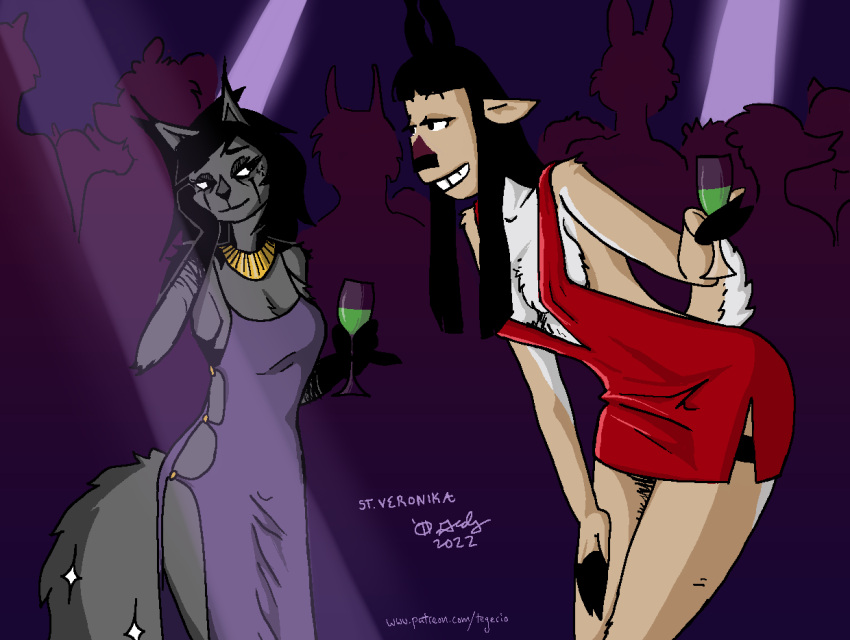 2022 antelope anthro bedroom_eyes black_hair black_nose bovid breasts cleavage clothed clothing domestic_cat dress duo_focus felid feline felis female fingers fur gazelle grey_body grey_fur group hair hooved_fingers hooves mammal miss_thompson_(tegerio) narrowed_eyes scut_tail seductive short_tail st_veronika tail tan_body tan_fur tegerio thomson's_gazelle true_antelope veronika_ozvezdje