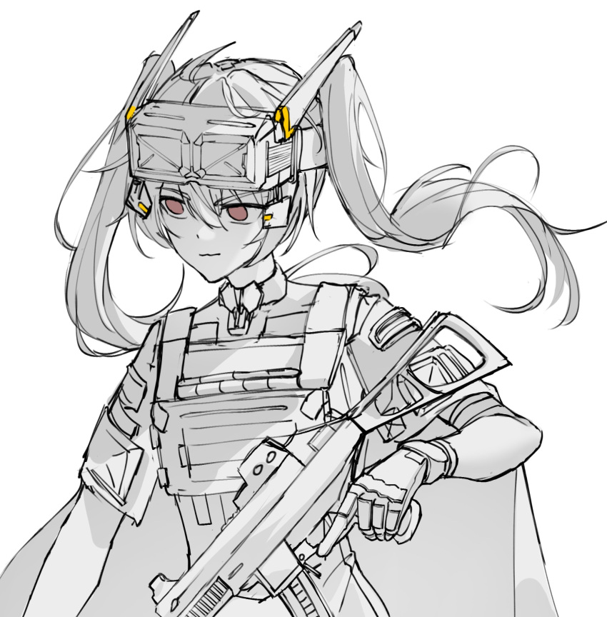 1girl closed_mouth commentary_request girls'_frontline_2:_exilium gloves gun h&amp;k_ump hair_between_eyes headgear highres holding holding_gun holding_weapon long_hair night_vision_device partially_colored red_eyes simple_background solo submachine_gun twintails ump9_(girls'_frontline) upper_body weapon white_background wu_chengyi3999