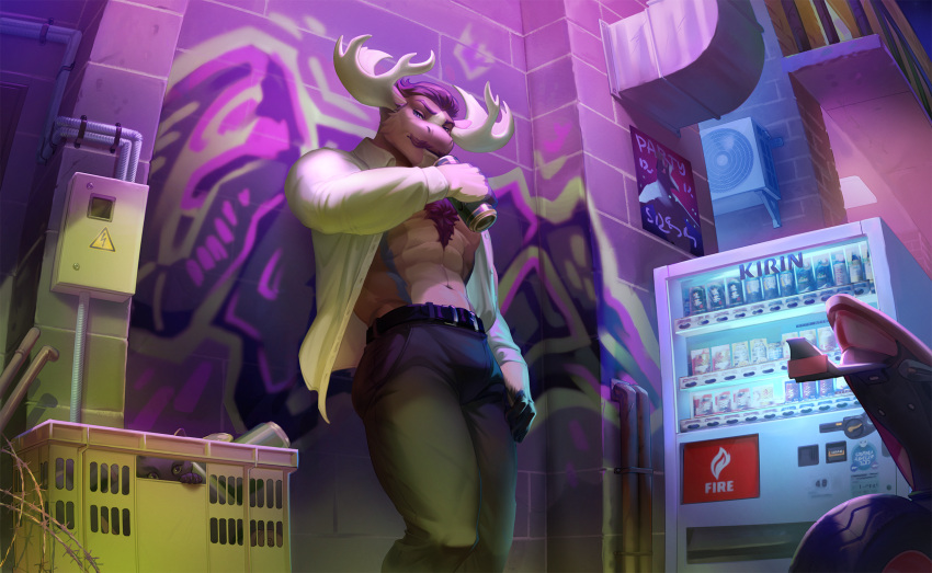 2_horns abs anthro body_hair bottomwear can chest_hair clothing container deer diffuse_moose facial_hair hi_res horn male mammal moose muscular muscular_anthro muscular_male mustache new_world_deer pants poofroom solo
