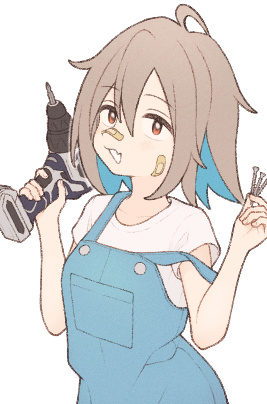 1girl 1ssakawaguchi :3 absurdres bandaid bandaid_on_cheek bandaid_on_face bandaid_on_nose blue_hair blue_overalls brown_eyes brown_hair collarbone colored_inner_hair do_it_yourself!! fang hand_drill hand_up highres holding light_brown_hair looking_at_viewer multicolored_hair open_mouth overalls power_drill screw shirt short_hair short_sleeves simple_background skin_fang solo two-tone_hair upper_body white_background white_shirt yua_serufu