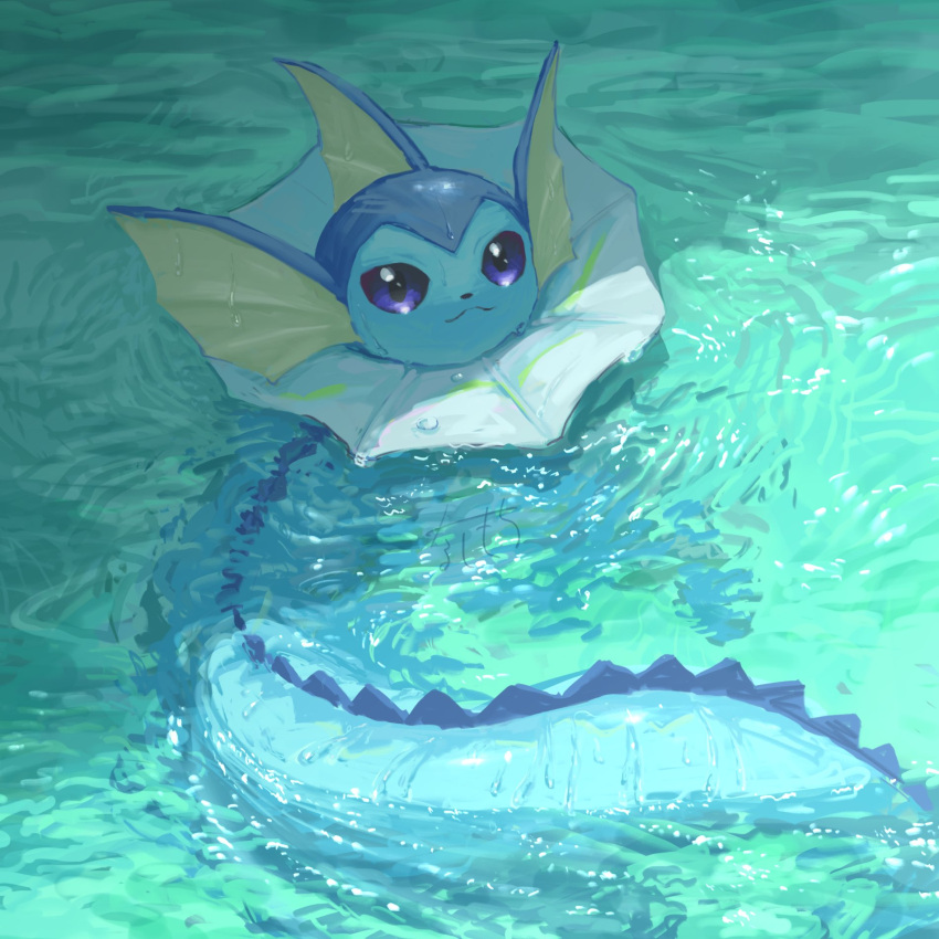 aqua_theme closed_mouth day fins head_fins highres light_smile looking_at_viewer looking_up nashimochi_4 no_humans outdoors partially_submerged pokemon pokemon_(creature) purple_eyes ripples smile solo swimming vaporeon water