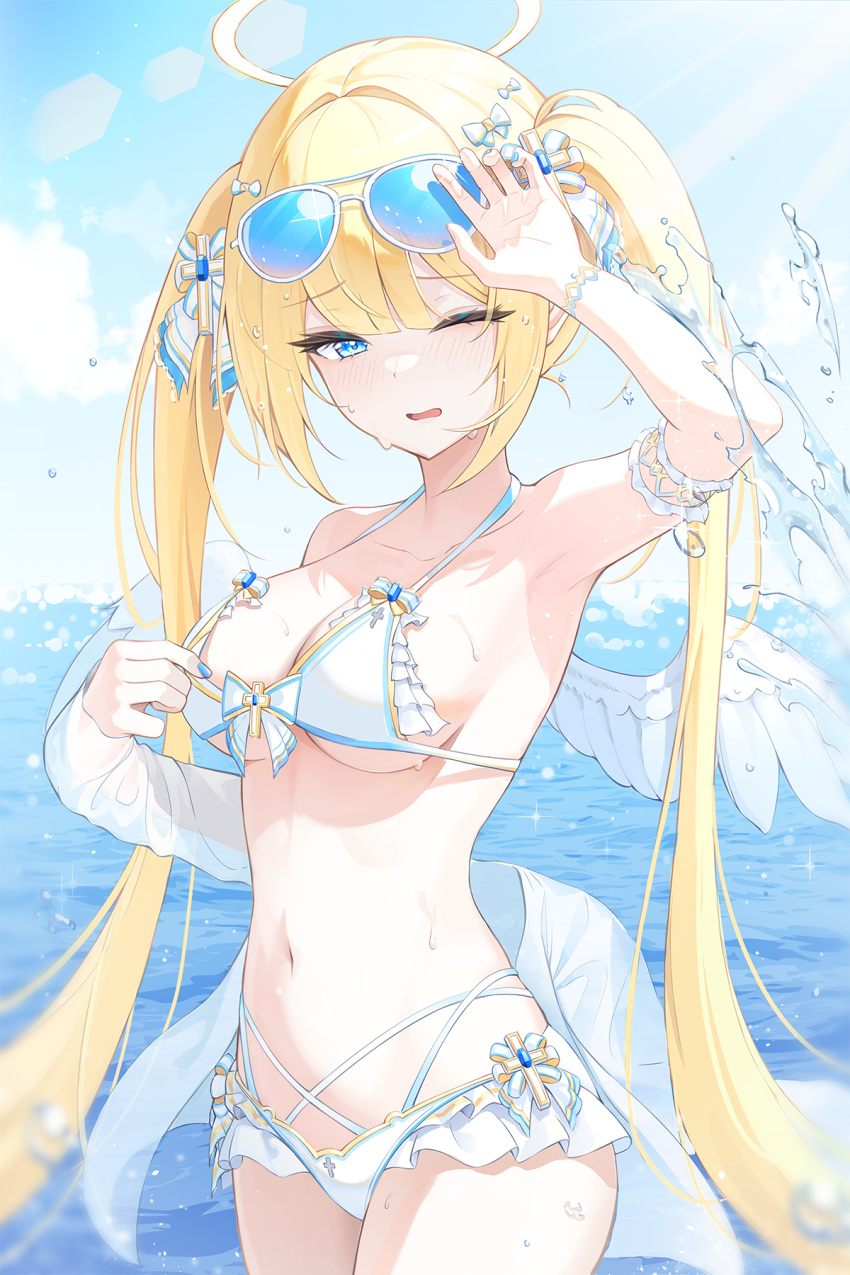 1girl arm_garter arm_up armpits bare_shoulders bikini blonde_hair blue_eyes blue_nails breasts cleavage day eyewear_on_head frilled_bikini frills hair_ornament halo highres kira_(kira78718520) long_hair looking_at_viewer medium_breasts navel one_eye_closed open_mouth original outdoors solo stomach sunglasses swimsuit thighs twintails very_long_hair water wet white_bikini wings