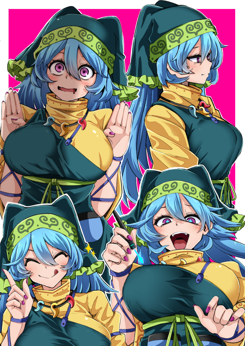 1girl :q apron blue_eyes blue_hair breasts closed_eyes closed_mouth commentary_request green_apron green_headwear haniyasushin_keiki head_scarf highres jewelry large_breasts long_hair magatama magatama_necklace multiple_views necklace pink_background pink_eyes purple_nails rihito_(usazukin) shadow single_strap smile tongue tongue_out touhou v