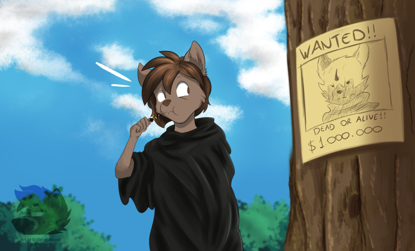 anthro bounty bounty_hunter brown_body brown_fur brown_hair canid canine canis clothing eating fur hair harleyarts hi_res male mammal poster solo twokinds wanted_poster webcomic webcomic_character wolf zen_(twokinds)