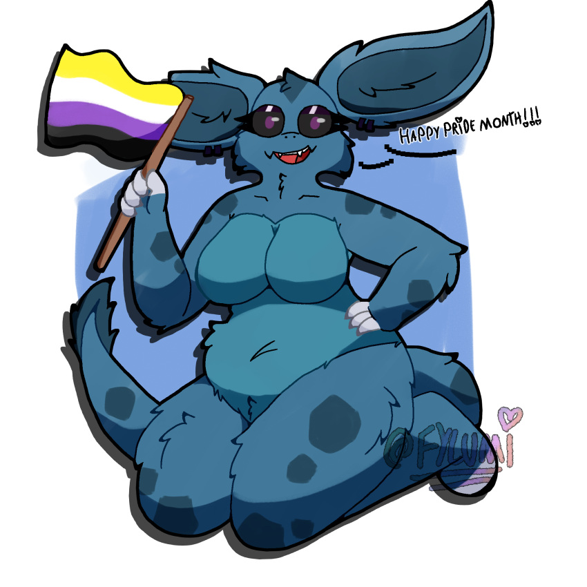1:1 anthro belly biped black_sclera blue_body blue_ears blue_fur blue_tail breasts claws english_text eyelashes eyeshadow featureless_breasts female flag fur fur_markings fylumi generation_1_pokemon hi_res holding_flag holding_object lgbt_pride lilya_teh_nida looking_at_viewer makeup markings multicolored_body multicolored_ears multicolored_fur navel nidorina nintendo nonbinary_pride_colors nude paws pokemon pokemon_(species) pride_colors purple_eyes signature slightly_chubby solo spots spotted_body spotted_fur spotted_markings spotted_tail tail tail_markings tail_tuft text tuft two_tone_body two_tone_ears two_tone_fur two_tone_tail white_claws