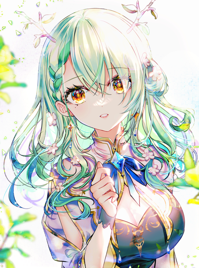1girl absurdres antlers blue_dress braid braided_bangs breasts ceres_fauna cleavage commentary dress earrings flower green_hair hair_flower hair_ornament highres hololive hololive_english jewelry large_breasts long_hair looking_at_viewer mole mole_under_eye parted_lips solo sowon symbol-only_commentary virtual_youtuber white_shrug yellow_eyes