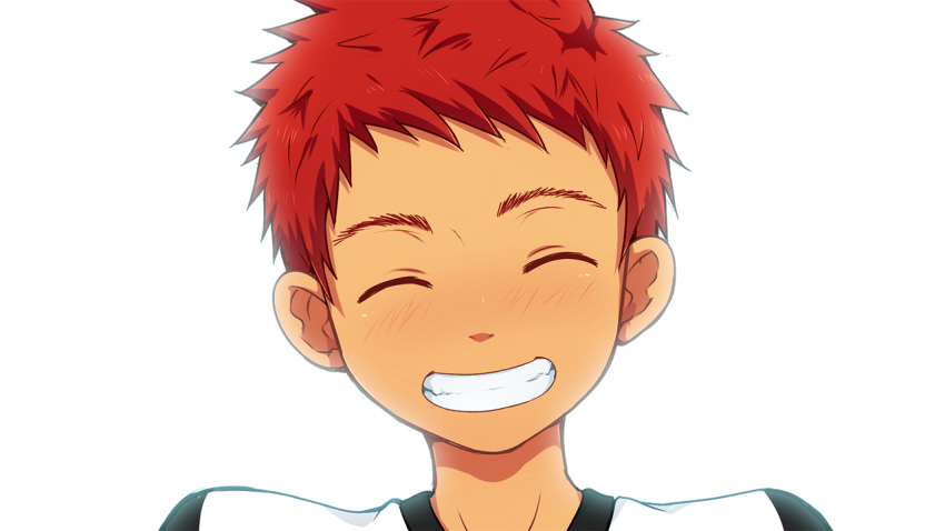 1boy bacchikoi! closed_eyes collaboration facing_viewer kanada_toshu male_focus mazjojo mikkoukun non-web_source portrait red_hair short_hair smile solo teeth white_background zamius