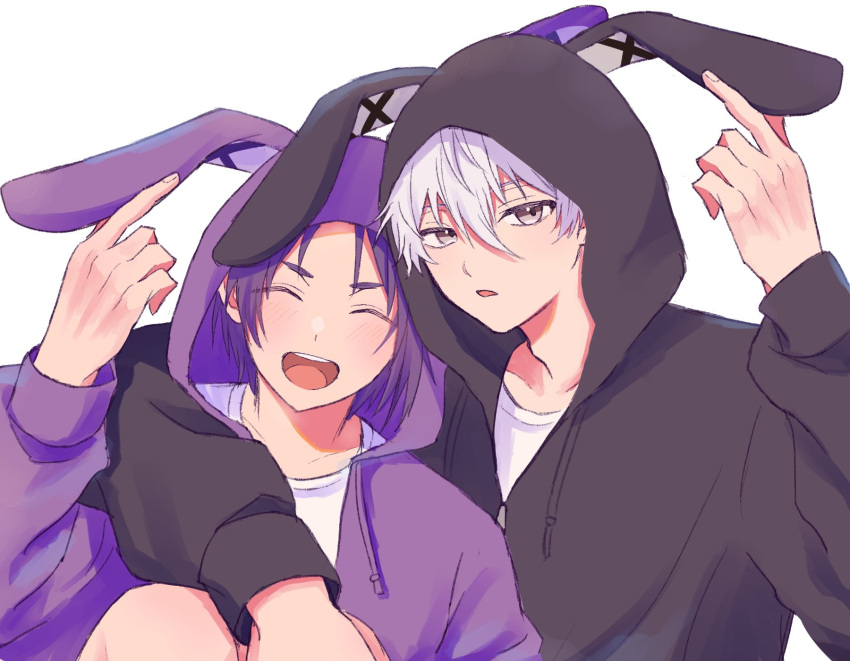 2boys animal_ears animal_hood arm_around_shoulder black_hoodie blue_lock blush closed_eyes fake_animal_ears grey_eyes hair_between_eyes hand_up highres hood hood_up hoodie iosi2xxx long_sleeves looking_at_viewer male_focus mikage_reo multiple_boys nagi_seishirou official_alternate_costume open_mouth purple_hair purple_hoodie rabbit_ears rabbit_hood short_hair simple_background smile upper_body white_background white_hair