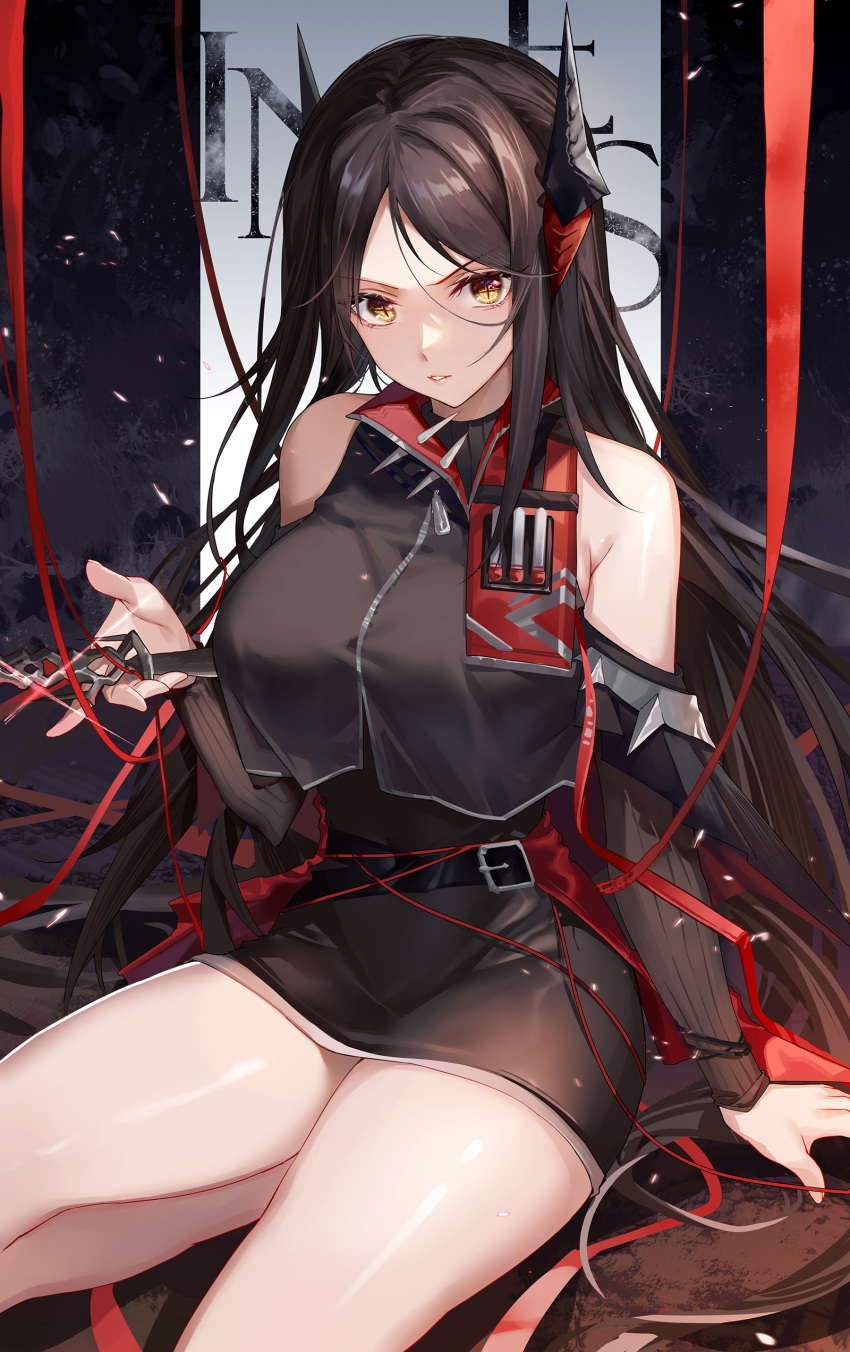 1girl absurdres arknights arm_support armpits bare_legs black_dress black_hair border breasts character_name commentary demon_girl demon_horns dress highres holding holding_knife hongbaise_raw horns ines_(arknights) kneeling knife large_breasts long_hair looking_at_viewer mixed-language_commentary off-shoulder_dress off_shoulder red_ribbon ribbon simple_background solo thighs very_long_hair white_background yellow_eyes