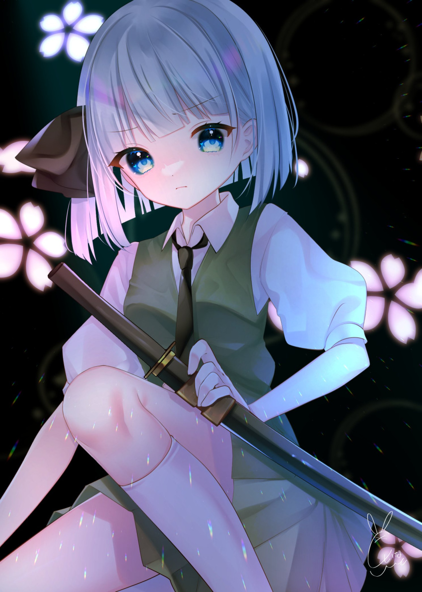 1girl black_necktie black_ribbon blue_eyes blunt_bangs blunt_ends cacao_(cacaomgmg) firing hair_ribbon highres holding holding_sword holding_weapon katana konpaku_youmu necktie ribbon skirt socks solo sword touhou weapon white_hair white_socks