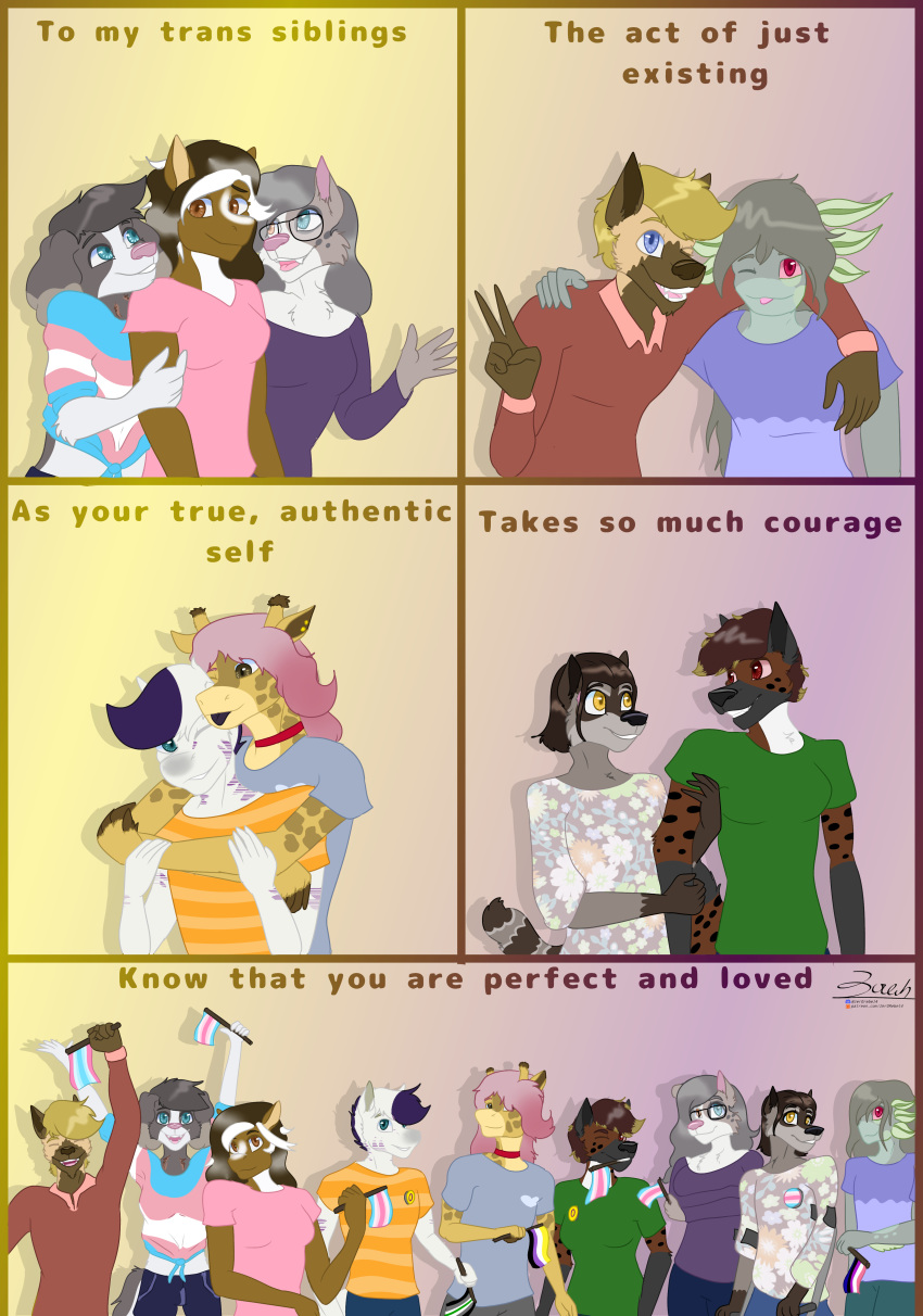 2023 aaryn_(zer0rebel4) absurd_res agender_pride_colors ambiguous_gender amphibian andromorph_(lore) anthro arm_over_shoulder autumn_(zer0rebel4) axolotl beckett_(zer0rebel4) bird_dog black_tongue blep blonde_hair blue_eyes border_collie bottomwear brimstone_(zer0rebel4) brown_body brown_eyes brown_fur brown_hair brown_markings canid canid_demon canine canis choker clothed clothing collie comic_panel crop_top crutch daisy_(zer0rebel4) demon denim denim_clothing digital_media_(artwork) disability discord_(app) domestic_dog duo embrace english_text equid equine eyewear female female_(lore) flat_colors floral_print fur genderfluid_pride_colors german_shepherd gesture giraffe giraffid glasses green_body green_markings green_skin grey_body grey_fur grey_hair grey_markings grey_skin group gynomorph_(lore) hair happy hellhound herding_dog herm_(lore) heterochromia hi_res holding_arm holding_object horn horse hug hugging_from_behind hunting_dog hybrid hyena intersex_(lore) intersex_pride_colors jackson_(zer0rebel4) jeans jewelry lgbt_pride looking_at_viewer male male_(lore) mammal marine markings may_(zer0rebel4) medical_instrument mixed_breed mole_salamander necklace non-mammal_hair nonbinary_(lore) nonbinary_pride_colors one_eye_closed pants pastoral_dog patreon pink_eyes pink_hair pink_sclera pony positive_message pride_colors pride_pin procyonid purple_body purple_eyes purple_fur purple_hair purple_markings raccoon red_eyes red_sclera sage_(zer0rebel4) salamander_(amphibian) scientific_instrument sheepdog shirt sibling_(lore) sister_(lore) sisters_(lore) skirt smile spaniel spots spotted_hyena spotted_markings striped_markings stripes sweater t-shirt tan_body tan_fur text tongue tongue_out topwear trans_(lore) trans_woman_(lore) transfeminine_pride_colors transgender_pride_colors transmasculine_pride_colors trio twins_(lore) url v_sign white_body white_fur white_hair white_markings wink wolf yellow_body yellow_eyes yellow_fur yellow_markings zebra zer0rebel4