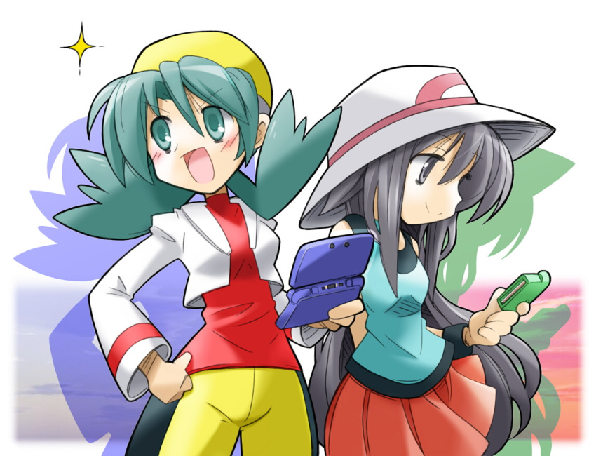 2girls aqua_eyes aqua_hair arm_behind_back closed_mouth cropped_jacket drop_shadow game_cartridge grey_eyes grey_hair hair_between_eyes hand_on_own_hip handheld_game_console hat holding holding_game_cartridge holding_handheld_game_console jacket kris_(pokemon) leaf_(pokemon) long_hair long_sleeves multiple_girls nintendo_3ds pleated_skirt pokemon pokemon_(game) pokemon_frlg pokemon_gsc rascal_(feuille) red_shirt red_skirt shirt skirt smile split_mouth twintails very_long_hair white_jacket yellow_headwear