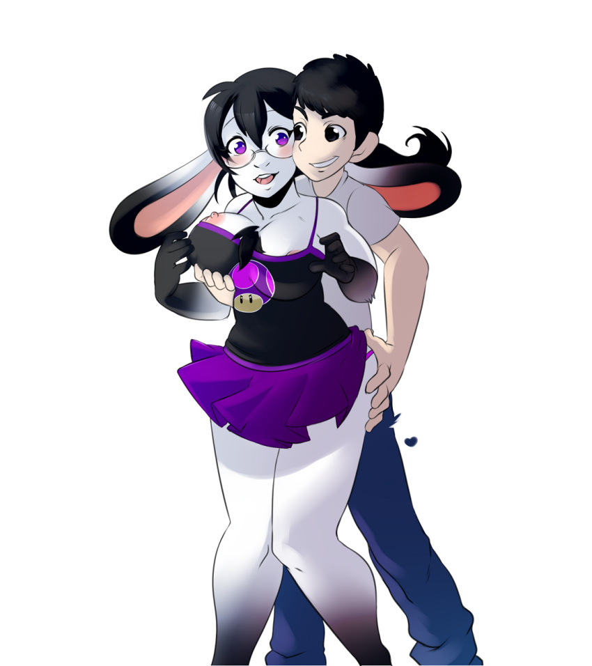 &lt;3 anthro areola black_hair breasts clothed clothing colored duo f-ss female hair hand_on_breast hand_on_butt hi_res human lagomorph leporid male male/female mammal nipples purple_eyes rabbit simple_background