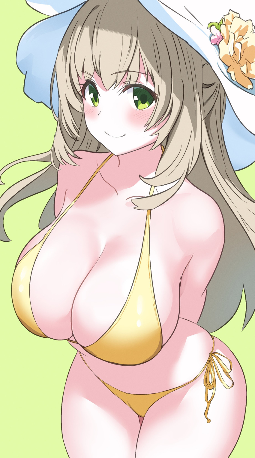 1girl absurdres arms_behind_back bare_shoulders bikini blue_archive blush breasts brown_hair cleavage closed_mouth collarbone flower flower_hat green_background green_eyes hat highres long_hair looking_at_viewer nonomi_(blue_archive) nonomi_(swimsuit)_(blue_archive) official_alternate_costume ossou_rocket side-tie_bikini_bottom simple_background smile solo swimsuit white_headwear yellow_bikini yellow_flower