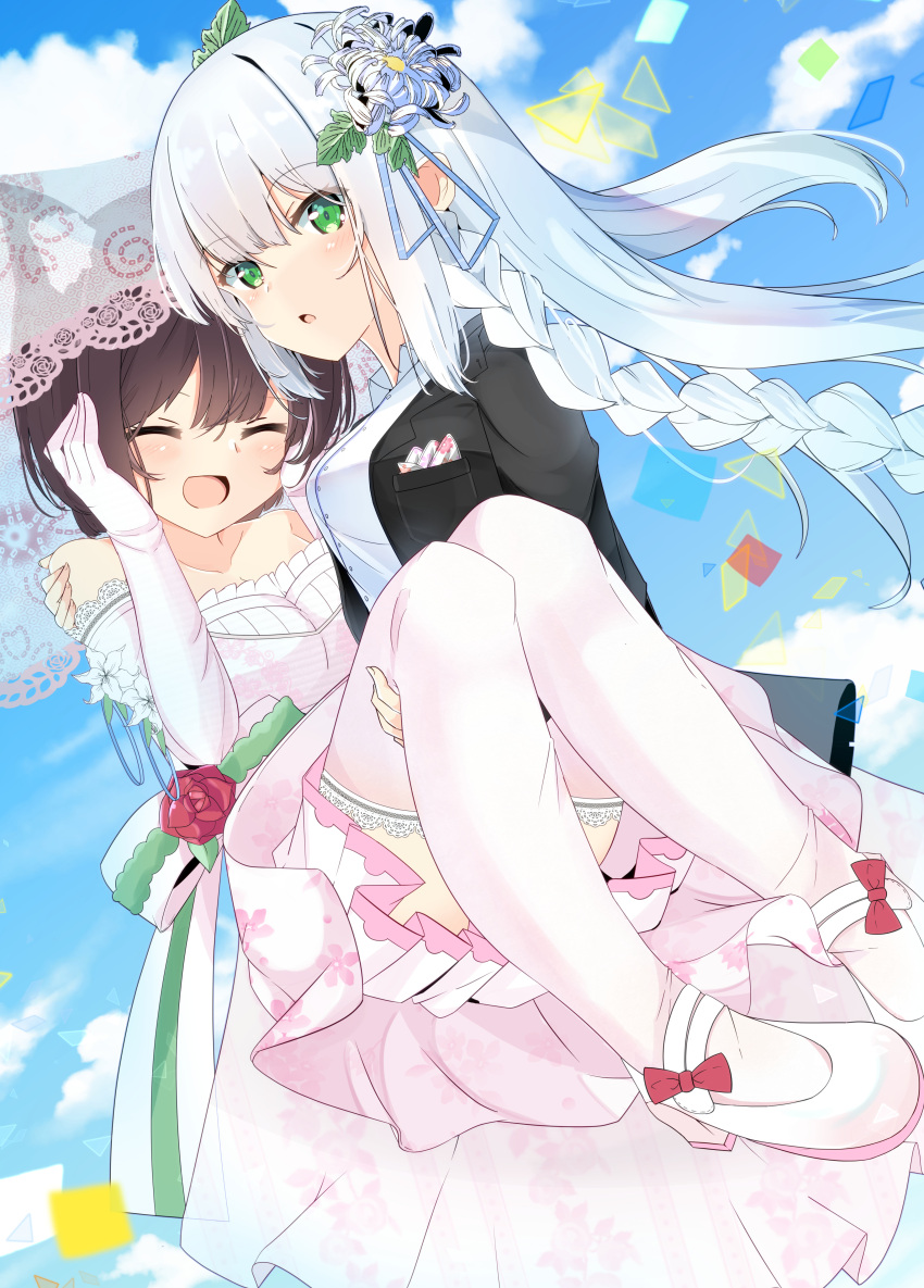 2girls :d :o ^_^ absurdres bangs bare_shoulders black_hair black_jacket blazer blue_flower blue_sky bow braid breasts carrying closed_eyes cloud collared_shirt commentary_request day dress dress_shirt elbow_gloves flower gloves green_eyes grey_hair hair_between_eyes hair_flower hair_ornament highres jacket long_hair medium_breasts multiple_girls nekoyanagi_(azelsynn) open_clothes open_jacket original outdoors parted_lips pink_dress pink_gloves pink_thighhighs princess_carry red_bow red_flower red_rose rose shirt shoes sky smile strapless strapless_dress thighhighs veil very_long_hair white_flower white_footwear white_shirt yuri