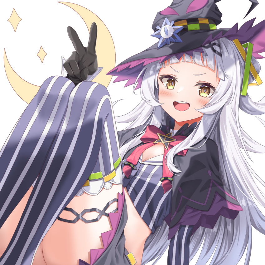 arched_bangs black_capelet brooch capelet cropped_shirt divergenceok grey_hair highres hololive jewelry murasaki_shion pinstripe_pattern pinstripe_shirt shirt short_eyebrows star_brooch striped striped_shirt tilted_headwear vertical-striped_shirt vertical_stripes virtual_youtuber