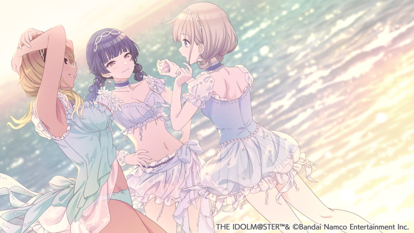 3girls aqua_bikini armpits ass beads bikini black_eyes black_hair blonde_hair blurry blurry_background braid breasts brown_eyes choker collarbone dark-skinned_female dark_skin day floating_hair frilled_choker frills from_side hairband hands_on_own_hips hands_up holding idolmaster idolmaster_shiny_colors izumi_mei large_breasts long_hair looking_at_another low_twin_braids mayuzumi_fuyuko medium_breasts multiple_girls nail_polish navel ocean official_art outdoors parted_lips profile puffy_short_sleeves puffy_sleeves seashell see-through see-through_sleeves serizawa_asahi shell short_sleeves smile straylight_(idolmaster) swimsuit thighs twin_braids water