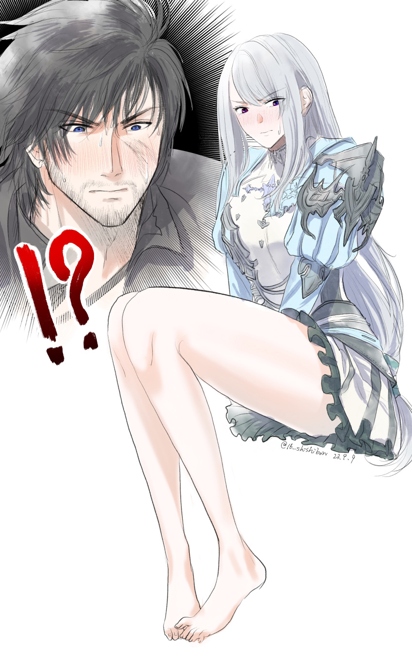!? 1boy 1girl absurdres bare_legs barefoot beard black_hair blush bonbonboon clive_rosfield embarrassed emphasis_lines facial_hair feet final_fantasy final_fantasy_xvi grey_hair highres jill_warrick legs_together long_hair low-tied_long_hair official_alternate_costume scar scar_on_face sitting sweatdrop toes