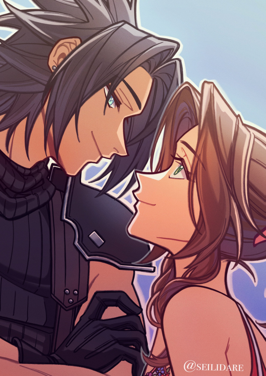 1boy 1girl absurdres aerith_gainsborough armor bare_shoulders black_gloves black_hair blue_eyes brown_hair close-up closed_mouth commentary couple crisis_core_final_fantasy_vii crossed_arms dress earrings english_commentary eye_contact final_fantasy final_fantasy_vii from_side gloves gradient_background green_eyes hair_ribbon height_difference highres jewelry long_hair looking_at_another parted_bangs pink_ribbon profile ribbed_sweater ribbon seilidare shoulder_armor sidelocks sleeveless sleeveless_dress sleeveless_turtleneck smile spaghetti_strap spiked_hair stud_earrings suspenders sweater turtleneck turtleneck_sweater twitter_username upper_body zack_fair