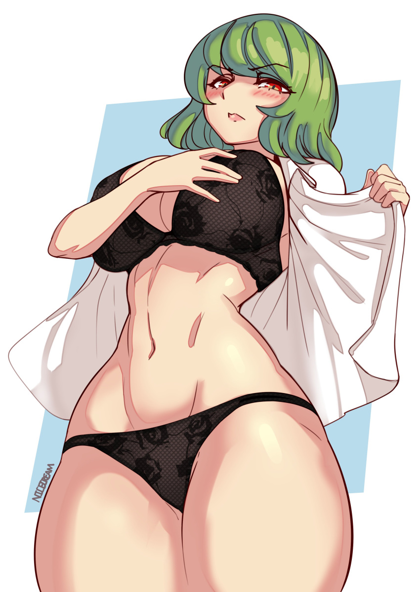 1girl absurdres black_bra black_panties blush bra breasts commentary commentary_request commission cowboy_shot english_commentary green_hair highres huge_breasts kazami_yuuka lingerie looking_at_viewer navel nicecream open_clothes open_shirt panties parted_lips red_eyes shirt short_hair signature solo touhou underwear variant_set white_shirt