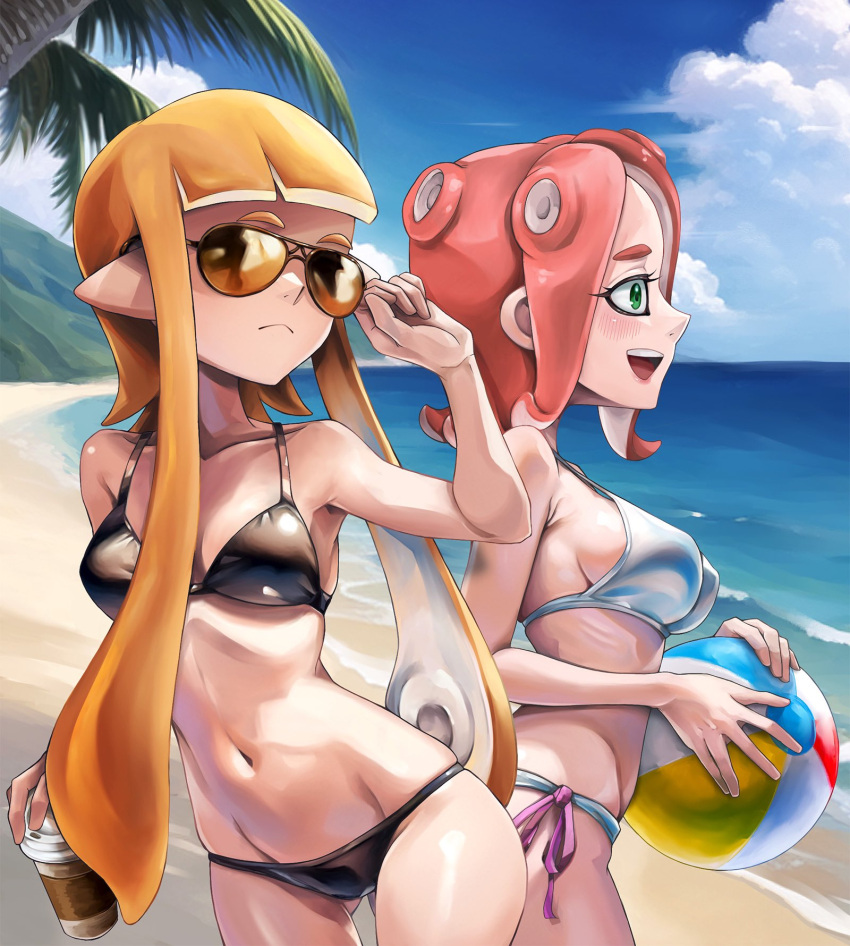 2girls adjusting_eyewear agent_3_(splatoon) agent_8_(splatoon) arm_up ass_visible_through_thighs ball beach beachball bikini black_bikini breasts closed_mouth collarbone cowboy_shot day eyelashes green_eyes groin hand_on_eyewear highres holding holding_ball holding_beachball horizon janome_(jajanome) leaning_to_the_side long_hair looking_afar lowleg lowleg_bikini medium_breasts medium_hair multiple_girls navel ocean octarian octoling octoling_girl open_mouth outdoors palm_tree pink_hair pointy_ears ribs sand shiny_skin smile splatoon_(series) stomach strap_gap sunglasses swimsuit tinted_eyewear tree very_long_hair water yellow-tinted_eyewear