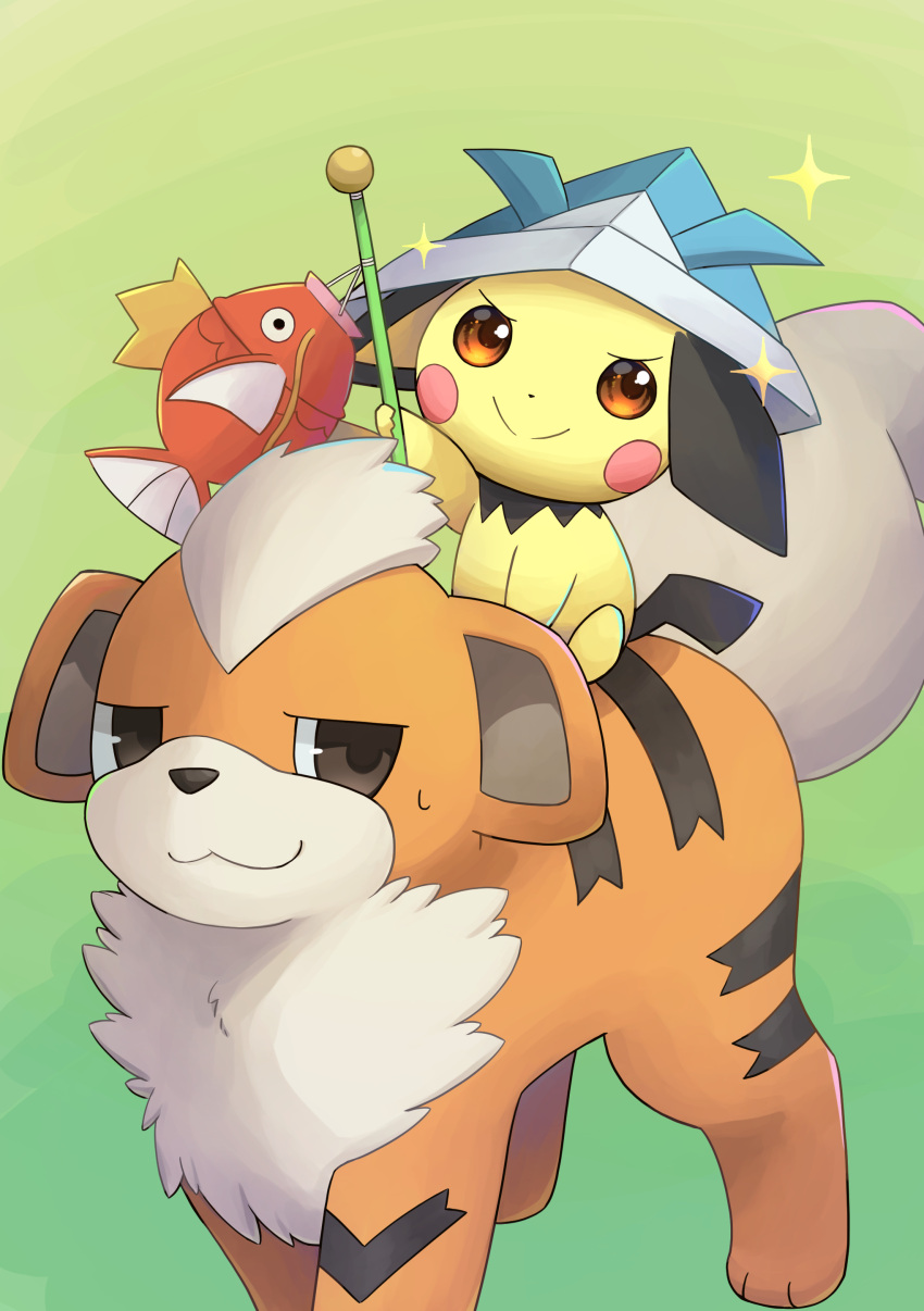 :3 absurdres animal_focus arm_up black_eyes blue_headwear blush_stickers brown_eyes closed_mouth commentary ears_down gradient_background green_background growlithe half-closed_eyes happy highres holding holding_toy looking_at_viewer looking_back magikarp mochizuki_reiji no_humans paper_hat pichu pokemon pokemon_(creature) riding simple_background sitting smile sparkle split_mouth standing toy