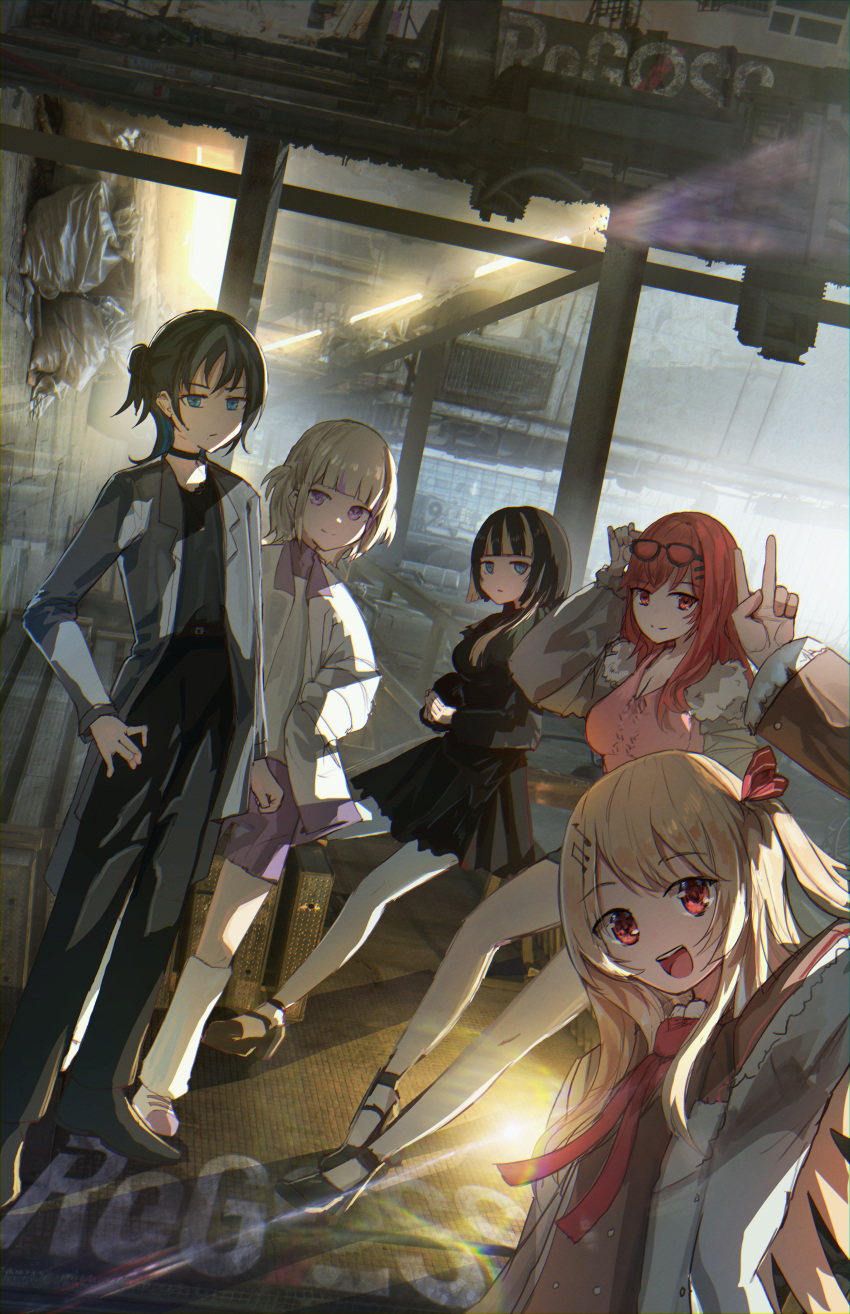 5girls abandoned absurdres advarcher arm_up black_hair blonde_hair blue_eyes blunt_bangs choker crossed_arms dress eyewear_on_head frown fur-trimmed_jacket fur_trim hair_ornament half_updo hand_in_pocket hand_on_own_hip highres hiodoshi_ao hololive ichijou_ririka index_finger_raised indoors jacket juufuutei_raden leaning_on_object leg_warmers long_hair long_sleeves low_neckline multicolored_hair multiple_girls musical_note musical_note_hair_ornament necktie one_side_up open_mouth otonose_kanade pants pink_eyes pole purple_eyes red_eyes red_hair regloss_(hololive) short_hair shorts smile streaked_hair todoroki_hajime very_long_hair virtual_youtuber warehouse