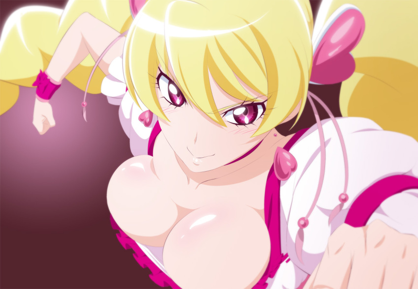 1girl blonde_hair breasts choker cleavage closed_mouth collarbone cure_peach downblouse earrings fresh_precure! fuchi_(nightmare) hair_ornament heart heart_earrings heart_hair_ornament jewelry large_breasts long_hair magical_girl momozono_love pink_choker pink_eyes precure puffy_short_sleeves puffy_sleeves shirt short_sleeves solo twintails upper_body white_shirt wrist_cuffs