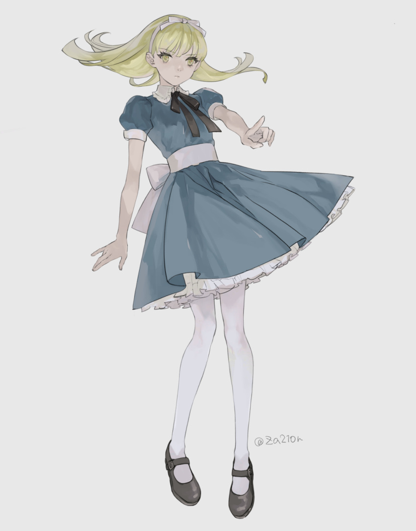 1girl alice_(megami_tensei) black_footwear blonde_hair blue_dress dress floating_hair full_body grey_background hairband highres long_hair looking_at_viewer mary_janes pantyhose pointing pointing_at_viewer puffy_short_sleeves puffy_sleeves shin_megami_tensei shoes short_sleeves simple_background solo twitter_username white_hairband white_pantyhose yellow_eyes za210n