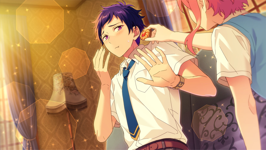 2boys belt blue_hair blush breast_pocket brown_belt closed_mouth collared_shirt curtains dark_blue_hair ensemble_stars! fingernails fushimi_yuzuru hands_up happy_elements himemiya_tori indoors lamp looking_at_viewer magnolia_(ensemble_stars!) male_focus multiple_boys necktie official_art open_collar pink_hair pocket purple_eyes shirt short_bangs short_hair short_sleeves sweater_vest third-party_source two-tone_necktie watch white_shirt window wristwatch