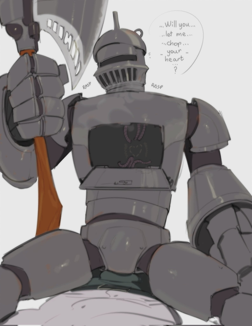 2023 animate_inanimate armor breath dialogue digital_media_(artwork) english_text glistening glistening_body grey_body hi_res holding_axe humanoid kogito male not_furry simple_background solo talking_to_viewer text the_wonderful_wizard_of_oz tin_woodman white_background