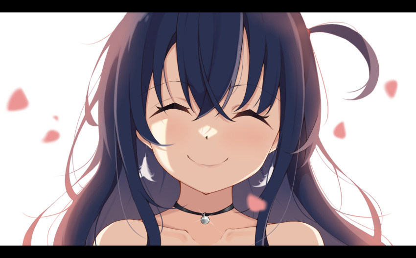 1girl bare_shoulders black_hair blush close-up closed_eyes closed_mouth collarbone earrings facing_viewer hair_between_eyes highres idoly_pride jewelry letterboxed long_hair nagase_mana one_side_up pendant portrait raised_eyebrows ray_(rays_26) sidelocks simple_background smile solo white_background