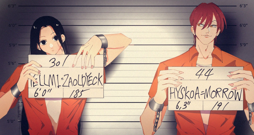 2boys a6_9s_rinlin alternate_costume black_hair character_name height_chart height_mark highres hisoka_morow holding holding_sign hunter_x_hunter illumi_zoldyck long_hair looking_at_another looking_at_viewer male_focus mugshot multiple_boys prison_clothes red_hair short_hair sign smile upper_body yellow_eyes
