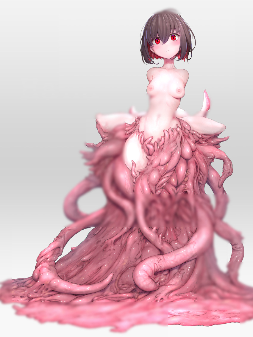 1girl black_hair blush breasts commentary_request expressionless full_body grey_background hana_(yuta) highres looking_at_viewer monster_girl multicolored_hair nipples nude original red_eyes red_hair shokushi_yuu short_hair slime_(substance) small_breasts solo tentacle_girl tentacles two-tone_hair