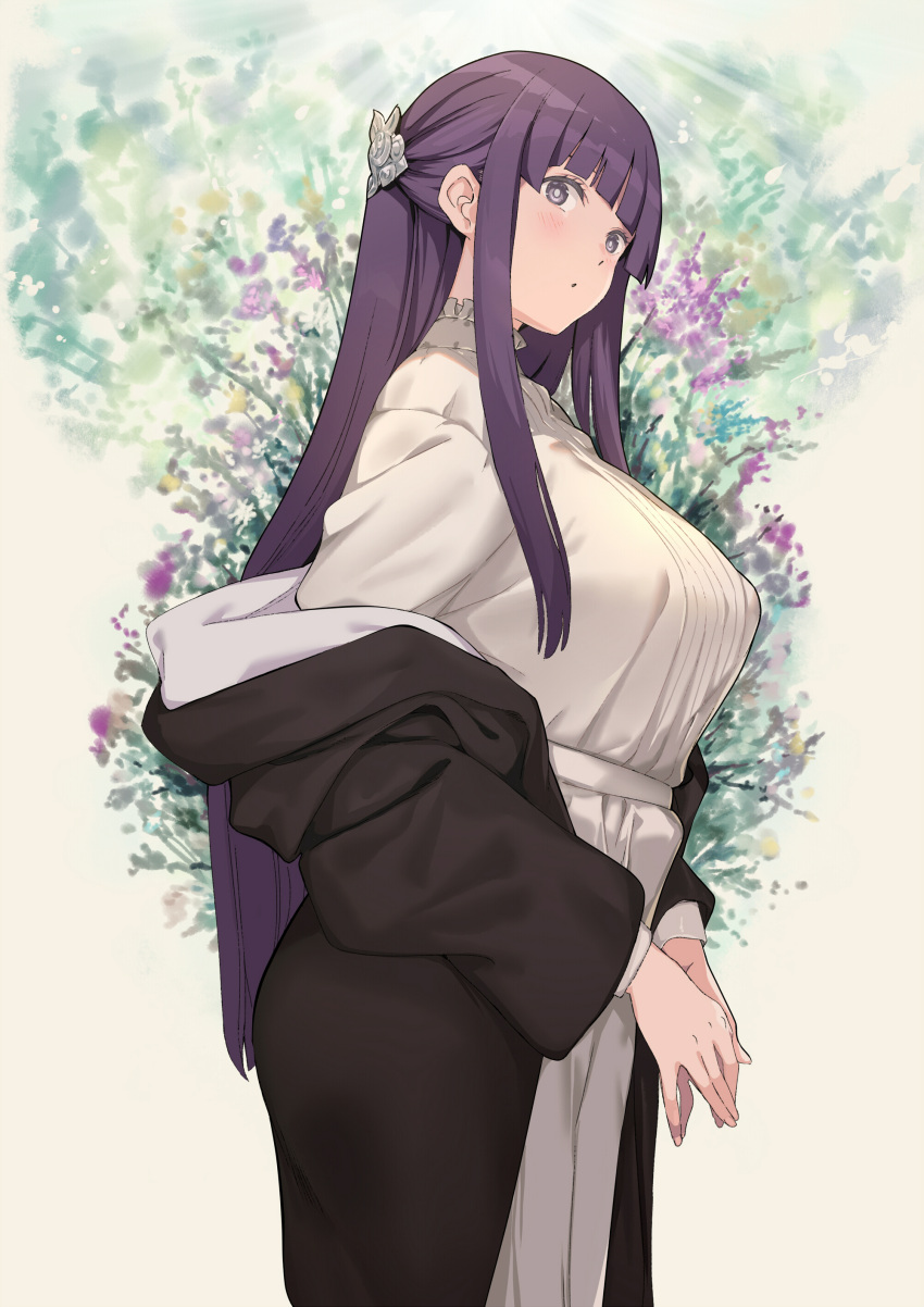 1girl absurdres black_coat blush breasts coat commentary_request dress fern_(sousou_no_frieren) flower hair_ornament half_updo highres large_breasts long_hair long_sleeves looking_at_viewer off_shoulder partial_commentary purple_eyes purple_hair revision sidelocks solo sousou_no_frieren standing tokopi white_dress