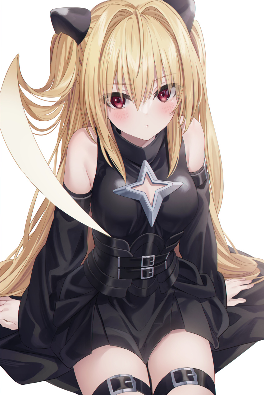 1girl absurdres bare_shoulders belt black_shirt black_skirt blonde_hair breasts cleavage_cutout clothing_cutout detached_sleeves expressionless hair_intakes hair_ornament highres jimmy_madomagi konjiki_no_yami long_hair long_sleeves looking_at_viewer medium_breasts miniskirt red_eyes shirt simple_background sitting skirt solo thigh_belt thigh_strap thighs to_love-ru to_love-ru_darkness two_side_up underbust very_long_hair white_background