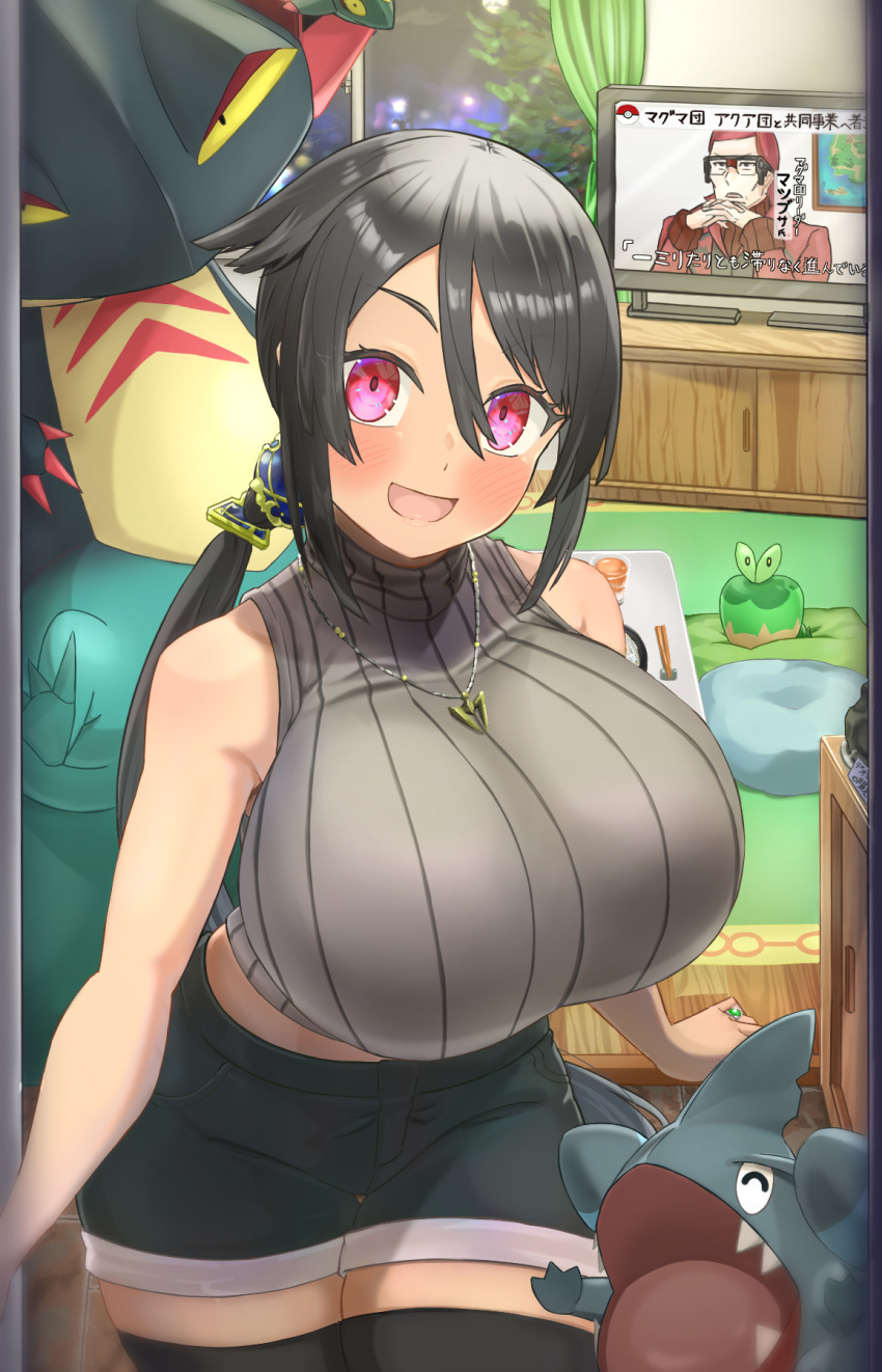 1girl aged_up bare_arms bare_shoulders black_hair blush breasts brown_sweater character_request cowgirl_position curvy hair_between_eyes highres hizakake huge_breasts indoors jewelry looking_at_viewer necklace open_mouth pokemon ponytail purple_eyes ribbed_sweater ring short_shorts shorts sleeveless sleeveless_turtleneck smile straddling sweater swept_bangs taut_sweater television thighhighs thighs turtleneck turtleneck_sweater zinnia_(pokemon)