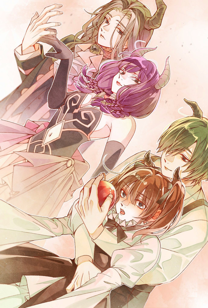 apple ascot aura_(sousou_no_frieren) black_gloves blue_eyes breasts brooch brown_hair clothing_cutout demon_horns draht_(sousou_no_frieren) dutch_angle elbow_gloves food fruit gloves green_hair hair_over_one_eye hand_up highres horns jewelry linie_(sousou_no_frieren) lipstick long_hair long_sleeves lugner_(sousou_no_frieren) makeup navel_cutout open_mouth purple_hair shirt small_breasts sousou_no_frieren white_ascot white_shirt